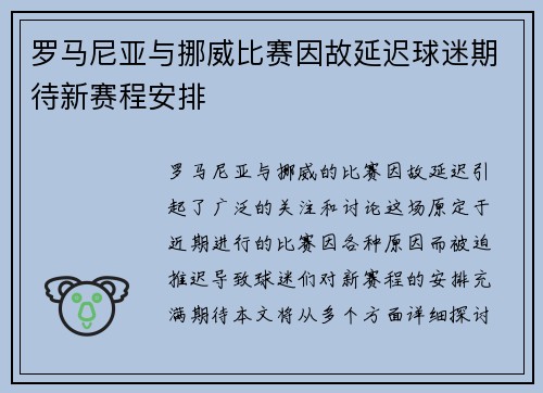 罗马尼亚与挪威比赛因故延迟球迷期待新赛程安排